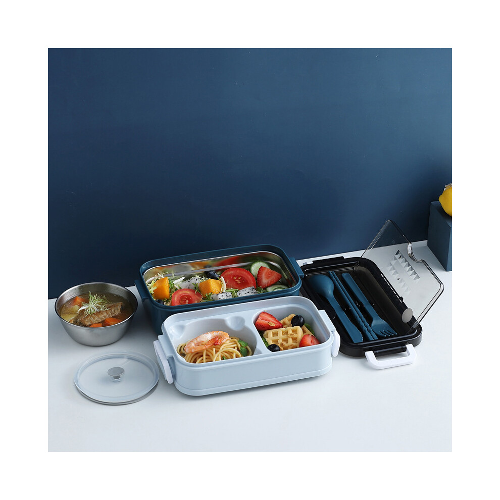 (Blue) Portable 304 Stainless Steel Double-Layer Insulated Lunch Box With Cutlery Soup Bowl Blue 320997809876