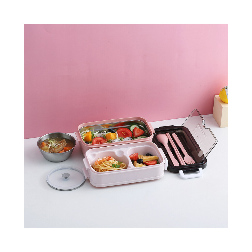 (Pink) Portable 304 Stainless Steel Double-Layer Insulated Lunch Box With Cutlery Soup Bowl Pink 320997809883