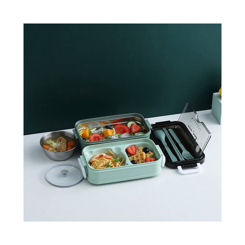 (Green) Portable 304 Stainless Steel Double-Layer Insulated Lunch Box With Cutlery Soup Bowl Green 320997809890