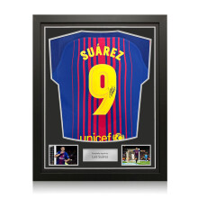Luis Suarez Signed Original Authentic Barcelona 2017-18 Home Football Shirt (Fan Print). Standard Frame