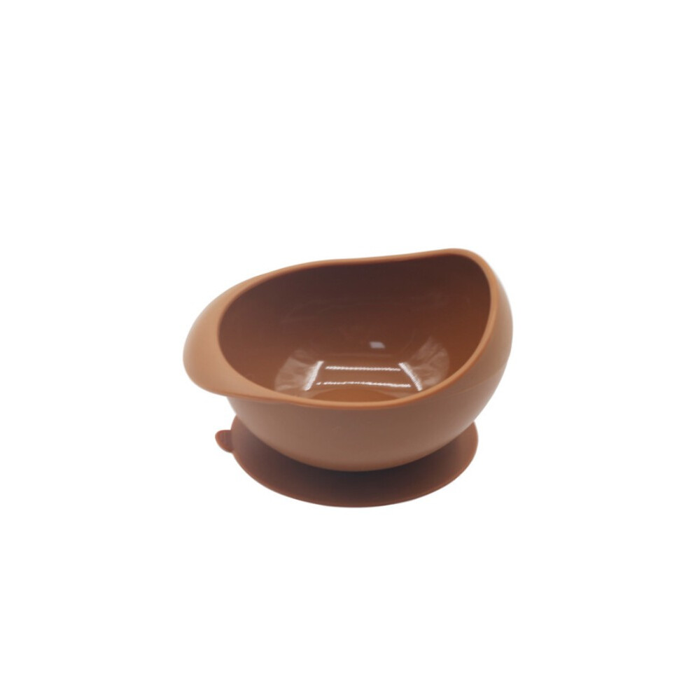 (Brown) Children's Silicone Oval Silicone Suction Bowl Toddler Utensils Self Feeding Training Silicone Cutlery Brown
