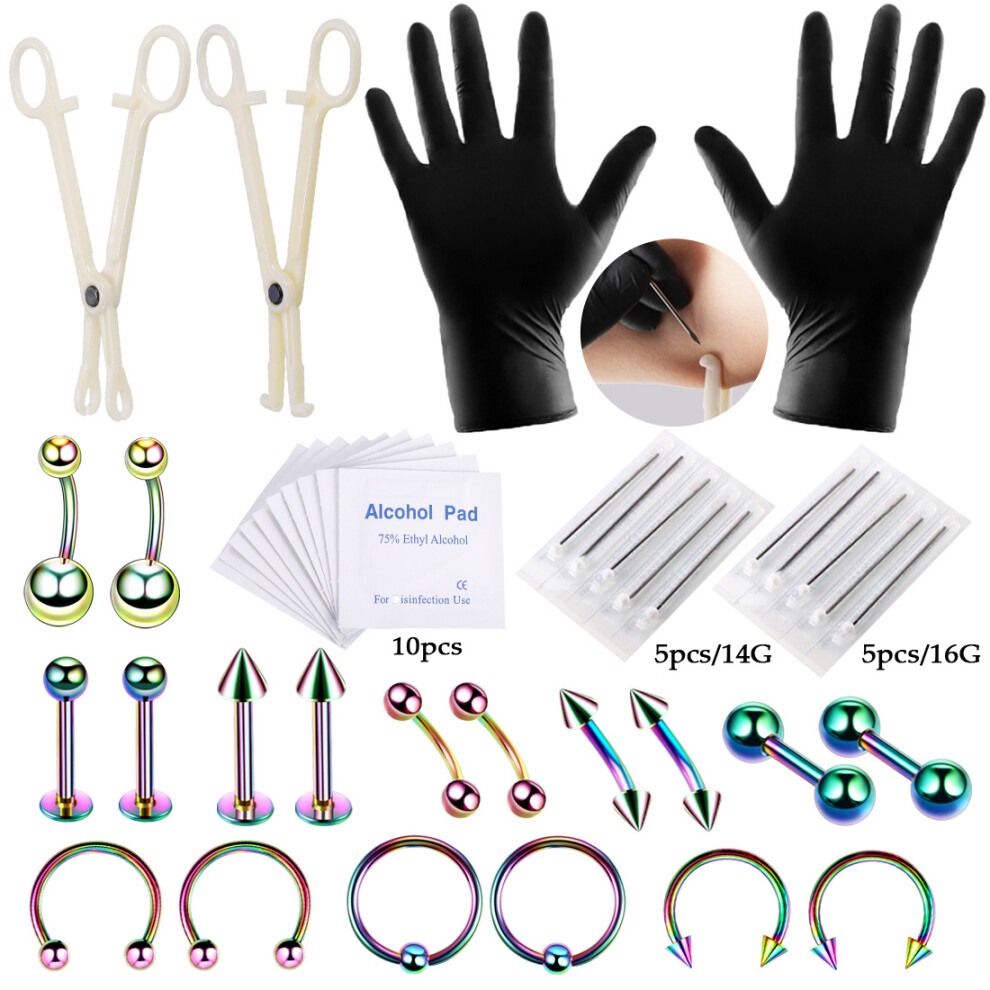 (Colorful) 42Pcs Professional Body Piercing Tool Kit Ear Nose Navel Nipple Needles Set