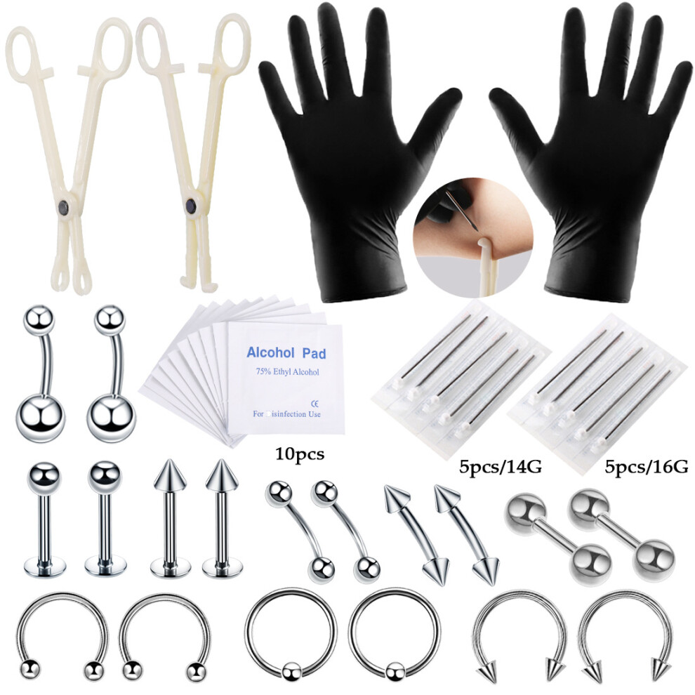 (Silver) 42Pcs Professional Body Piercing Tool Kit Ear Nose Navel Nipple Needles Set