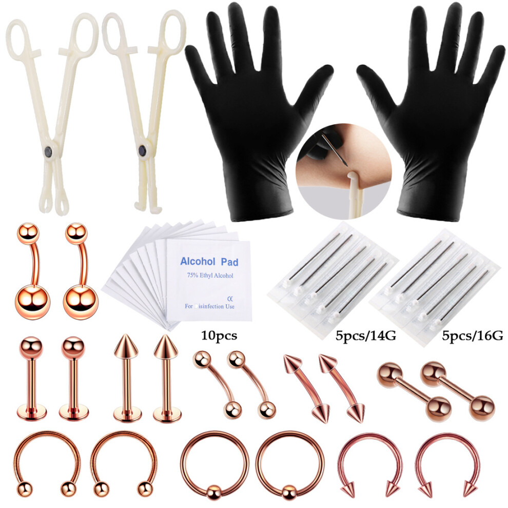 (Rose Gold) 42Pcs Professional Body Piercing Tool Kit Ear Nose Navel Nipple Needles Set
