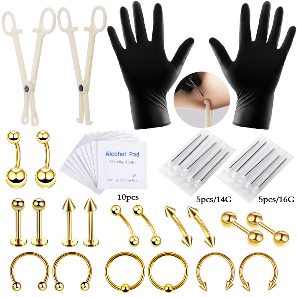 (Gold) 42Pcs Professional Body Piercing Tool Kit Ear Nose Navel Nipple Needles Set