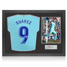 Luis Suarez Signed Original Barcelona 2017-18 Away Football Shirt (Original Print). Icon Frame