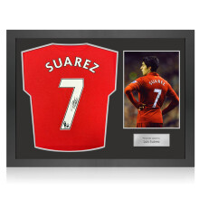 Luis Suarez Signed Original Liverpool 2012-13 Football Shirt. Icon Frame