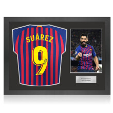 Luis Suarez Signed Original Barcelona 2018-19 Home Football Shirt (Fan Style Printing). Icon Frame