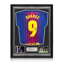 Luis Suarez Signed Original Authentic Barcelona 2017-18 Home Football Shirt (Fan Print). Superior Frame