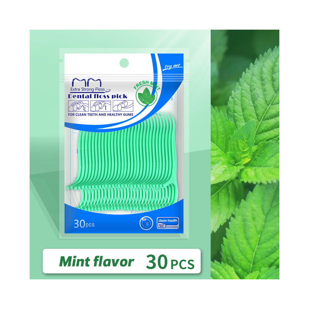 (Mint) 30Pcs Fruit Flavored Floss Picks, Plastic Dental Floss Toothpicks for Oral Care