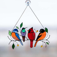 (four birds) Multicolor Acrylic Bird Painted Ornament Window Panel Hanging Light Decoration