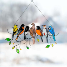 (seven birds) Multicolor Acrylic Bird Painted Ornament Window Panel Hanging Light Decoration