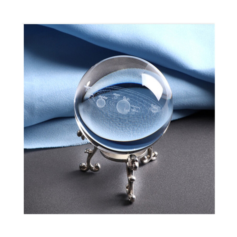 (Crystal Ball + Silver Metal Base) 3D Solar System Crystal Ball Planets Glass Sphere Engraved Globe Miniature 320997840091