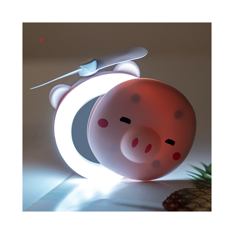(C) Portable Pig Shaped LED Fill Light Makeup Mirror Fan Bright Adjustable USB Rechargeable