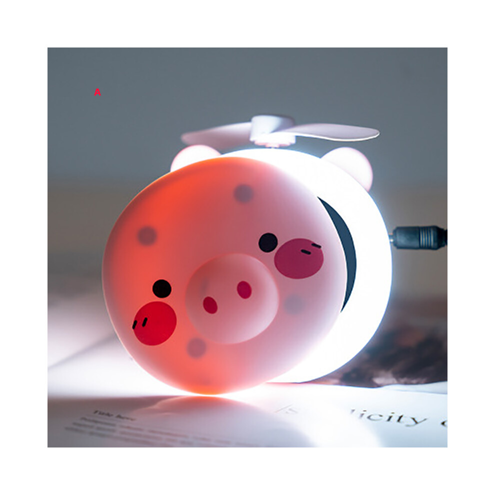 (A) Portable Pig Shaped LED Fill Light Makeup Mirror Fan Bright Adjustable USB Rechargeable