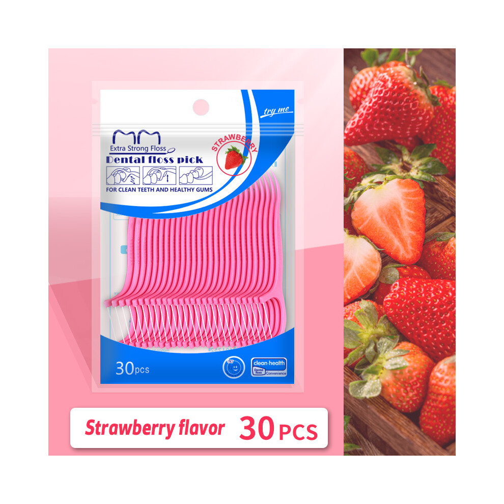 (Strawberry) 30Pcs Fruit Flavored Floss Picks, Plastic Dental Floss Toothpicks for Oral Care