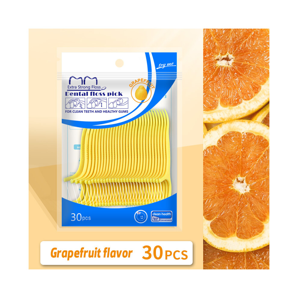 (GrapeFruit) 30pcs Fruit Flavored Dental Floss Picks - Plastic Oral Care Teeth Cleaners