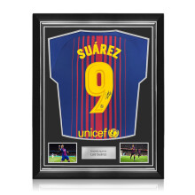 Luis Suarez Signed Original Barcelona 2017-18 Home Football Shirt (Original Print). Superior Frame