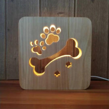 (Bone) USB Dog Paw Table Lamp 3D Night Light Solid Wood Hollow LED Kids Bedroom Decoration