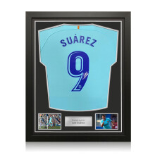 Luis Suarez Signed Original Barcelona 2017-18 Away Football Shirt (Original Print). Standard Frame