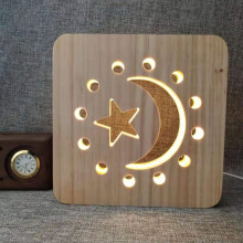 (Moon) USB Dog Paw Table Lamp 3D Night Light Solid Wood Hollow LED Kids Bedroom Decoration