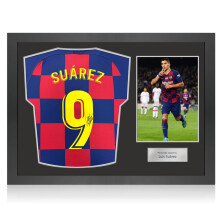 Luis Suarez Signed Original Barcelona 2019-20 Home Football Shirt (Fan Style Printing). Icon Frame