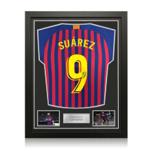 Luis Suarez Signed Original Barcelona 2018-19 Home Football Shirt (Fan Style Printing). Standard Frame