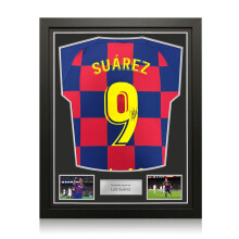 Luis Suarez Signed Original Barcelona 2019-20 Home Football Shirt (Fan Style Printing). Standard Frame