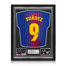 Luis Suarez Signed Original Barcelona 2017-18 Home Football Shirt (Fan Style Print). Superior Frame