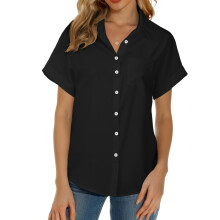 Women's short-sleeved polo shirt, button-down collar,-Black M
