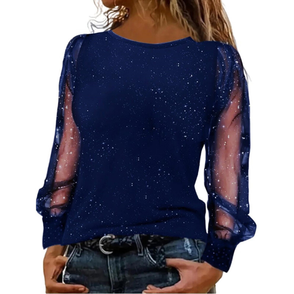 Blue Glitter Tops Women's Party Long Sleeve Festive Sequins- S