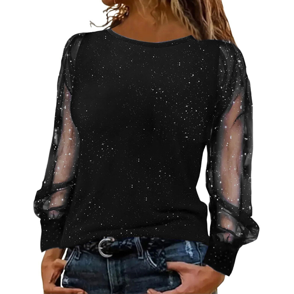 Black Glitter Tops Women's Party Long Sleeve Festive Sequins- Xl