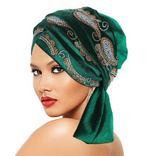 Sparkling Rhinestones Decors Turban Hat Velvet-dark green
