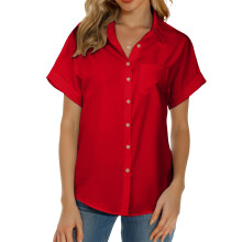 Women's short-sleeved polo shirt, button-down collar,-Red XL
