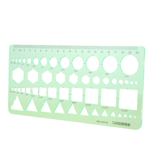 2X Green Plastic Circles Squares HeXagons Geometric Template Ruler 0-20cm