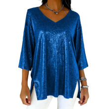 Women's Sparkly Tops Elegant V Neck 3/4 Sleeve Bottom-Blue L