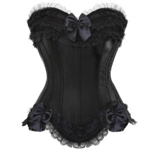 Victorian Ruffle Lace Bows Corset Top Strapless Boned-Black M