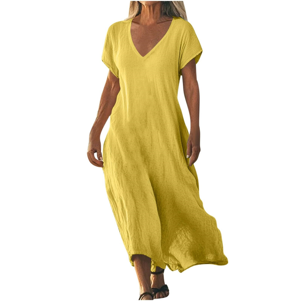 Yellow Women's Cotton And Linen Wear V-Neck Bohemian Long- M