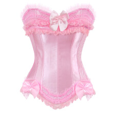 Women Gothic Overbust Corset Bustier Top Ruffle Lace-Pink L