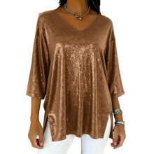 Women's Sparkly Tops Elegant V Neck 3/4 Sleeve-dark brown M