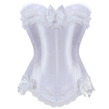 Women Ruffle Lace Bows Laced Up Corset Lingerie Body-White XXXL