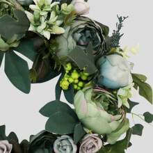 Peony Wreath Summer Wreath 13Inch Artificial Rose Floral Twig Silk Lvy Wall Decoration for Front Door with Green Leaves