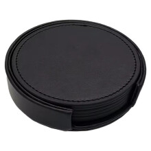 6PCS Circular Pure Color PU Leather Coasters Waterproof Heat Placemat Tea Coffee Cup Home Bar Counter Home Decor Black