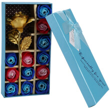 Cadeau pour Saint Valentin Fleur De Rose Plaquée Or 24 Carats +12Pcs Savon Fleur Romantique pour Amoureux Petite Amie Cadeaux De Noël Bleu