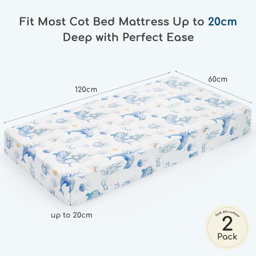 Yukkidds Cot Sheets 120x60 Fitted Cotbed Sheet 2 Pack Baby Cot Sheets Super Soft & Breathable Microfiber Blue Dolphin 1