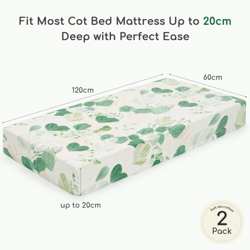 Yukkidds Cot Sheets 120x60 Fitted Cotbed Sheet 2 Pack Baby Cot Sheets Super Soft & Breathable Microfiber Green Leaf 1