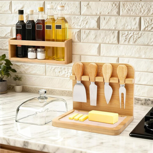 Burriera 2 In 1 con Coperchio e Portacoltelli per Formaggio, 4 Coltelli per Formaggio, Portaoggetti da Banco 1