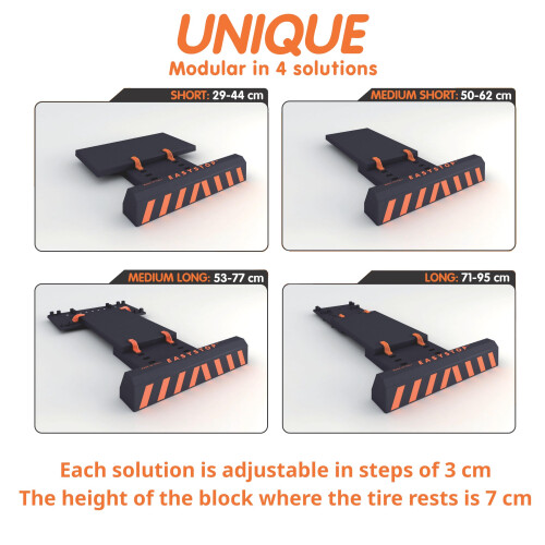 EASYSTOP n. 1 Adjustable Wheel Stopper, ODORLESS, Does Not Fix, Quick Assembly Without Tools, in Shockproof Plastic. Safe and precise parking with low 1
