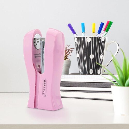 Rapesco 1378 Stand Up/Space-Saving Stapler, 20 Sheet Capacity, Candy Pink 2