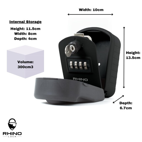 Rhino Lock Secure Pro - Combination Key Safe Wall Mounted - Lock Box/Key Box- Large Internal Storage for Keys with 4 Digit Lock, Emergency Key Access 1
